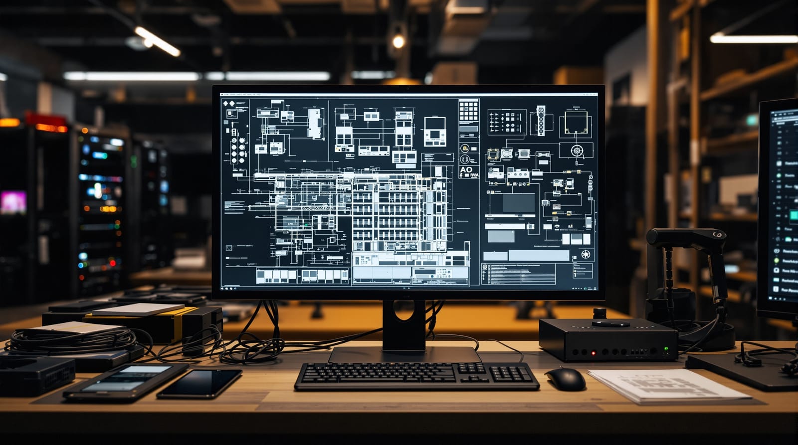 Smart home integrator engineering workstation with rack drawings and cable samples