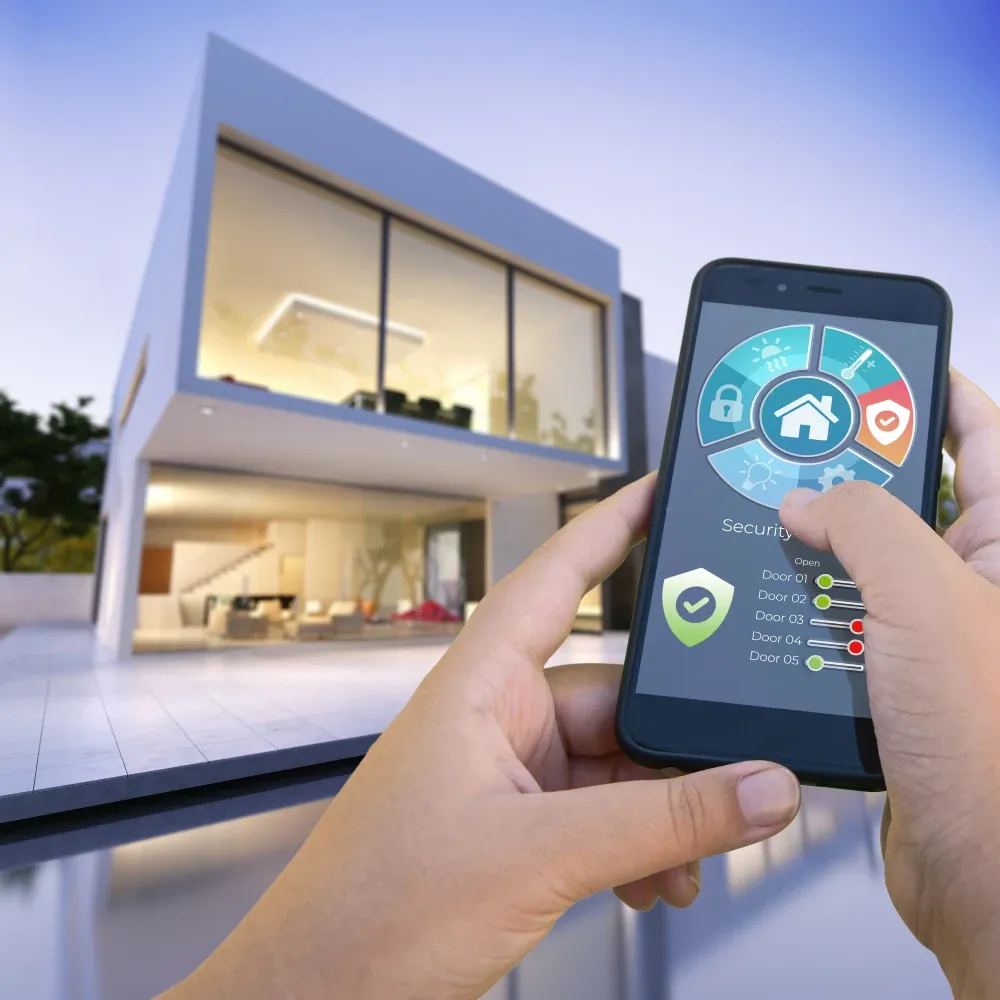 Smartphone controlling Deer Valley luxury villa’s smart home features including security locks, lighting, climate, and AV systems from outside by the pool