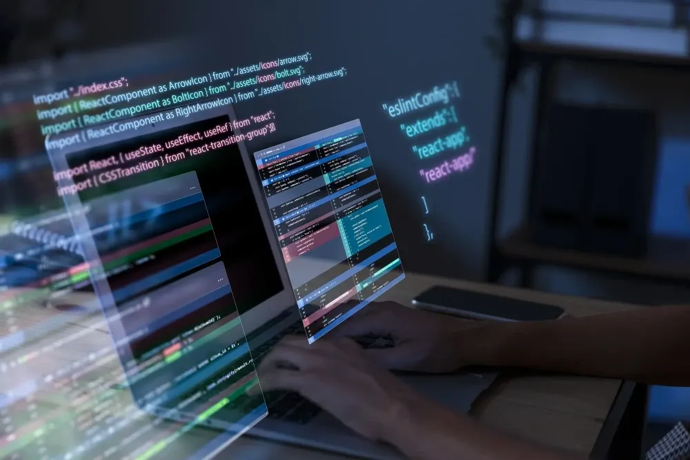 Developer coding smart home security protocols on a laptop, implementing encryption, secure access controls, and regular updates for Lifestyle Electronics automated systems
