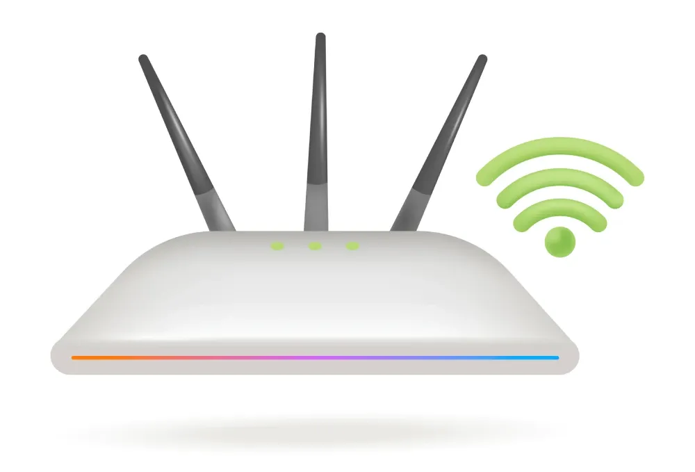 3D illustration of a wireless router with three antennas and green Wi-Fi symbol representing high-performance home networking solutions