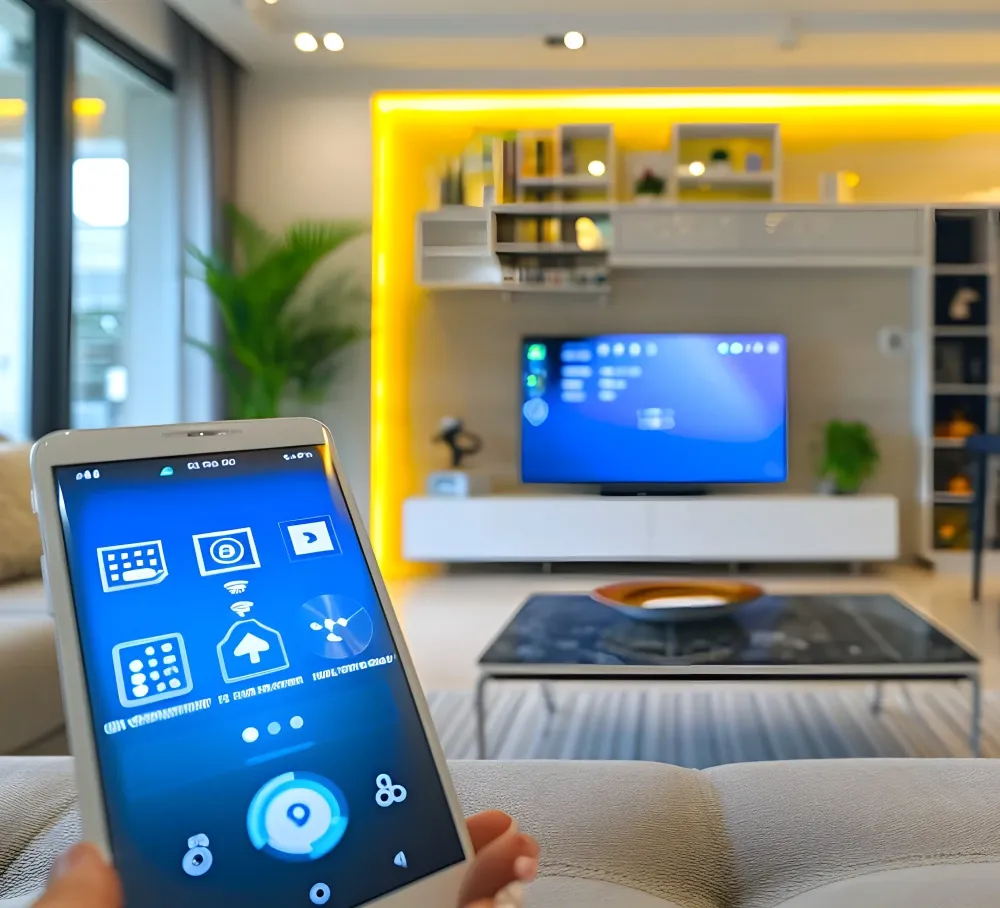 Tablet displaying smart home automation interface controlling living room lighting, climate, and AV systems for luxury home automation in Utah