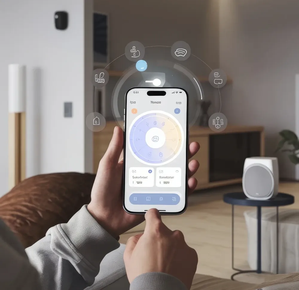 Hand holding smartphone with smart home app controlling lighting, climate, security, and audio-video systems in a modern luxury home