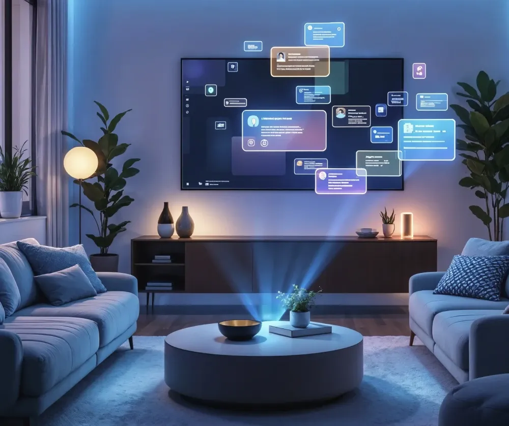 Modern living room showcasing smart home automation with app-controlled lighting, heating, security cameras, and multi-room audio/video systems displayed in a stylized holographic interface