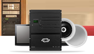 Rack-mounted audio-video control system, in-ceiling speakers, and touchscreen panel representing top-tier smart home automation, AV, lighting control, and security integration by Lifestyle Electronics