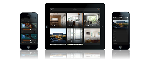 Control4 and Savant home theater automation interface on smartphone and tablet screens managing lighting, climate, audio, and video seamlessly