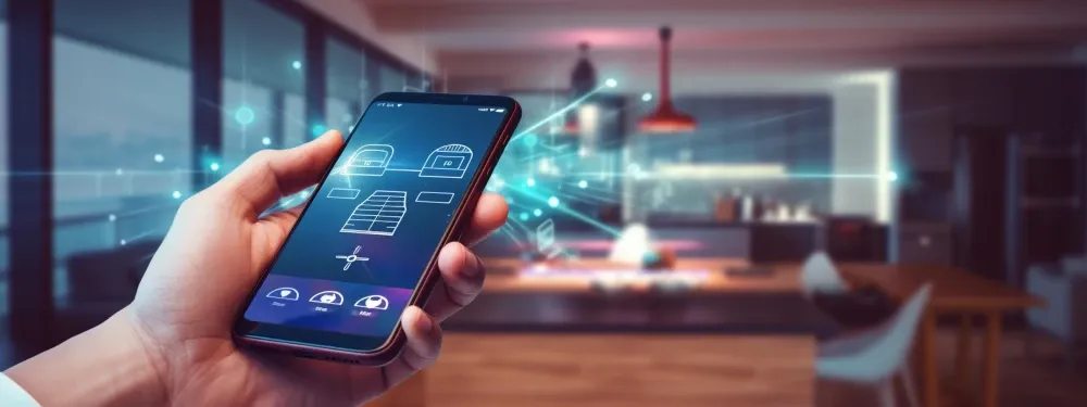 Smartphone remote controlling home lighting, climate, security, and entertainment for luxury smart home automation by Lifestyle Electronics
