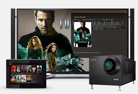 Sony ultra-high-definition display, premium Sony projector, and tablet controller showcasing immersive surround sound and intuitive audio-visual home theater technology